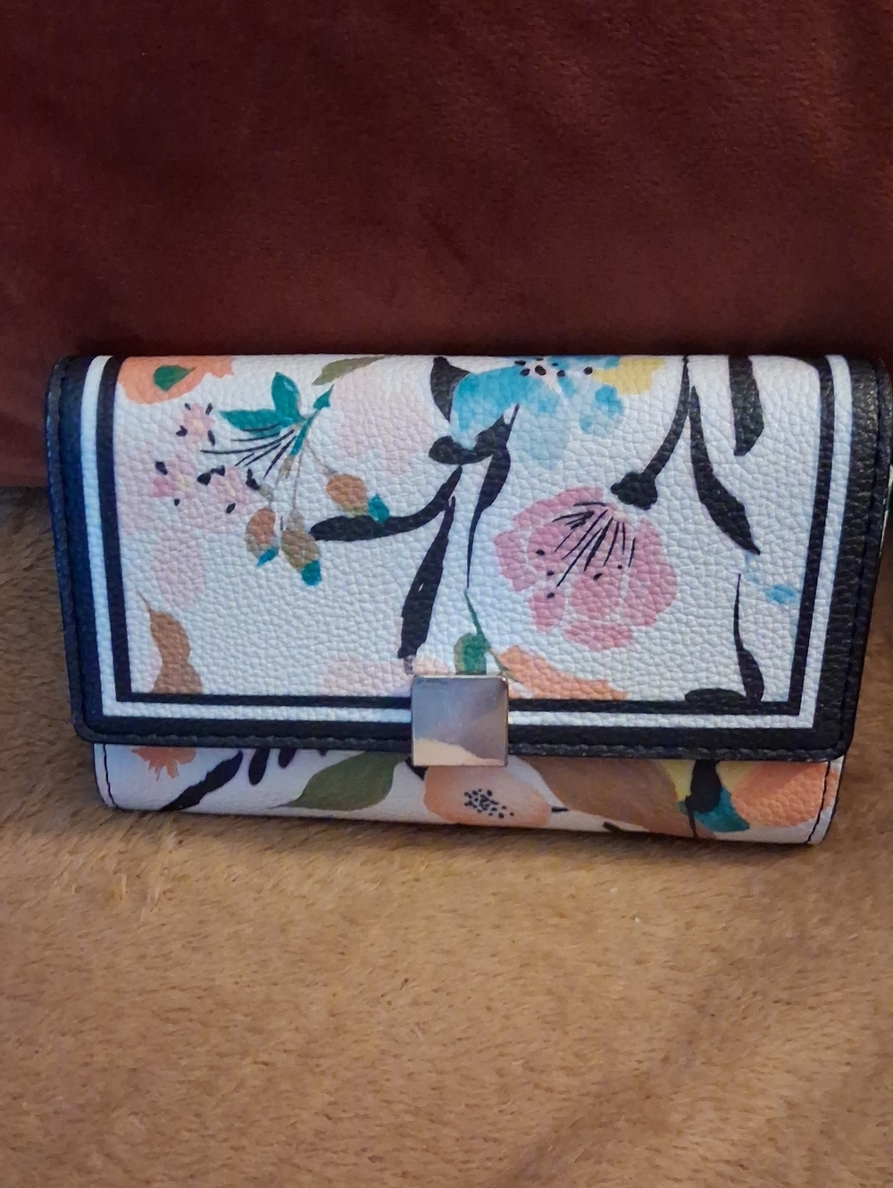 a new day Floral Trifold Wallet - White with Pink & Teal Accents